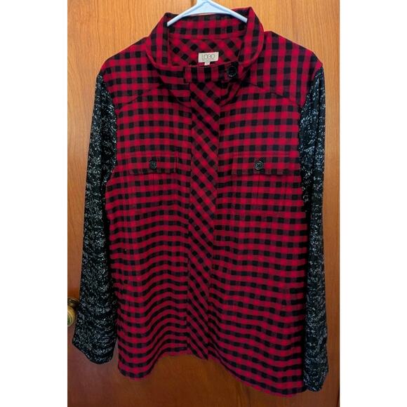 LOGO Lori Goldstein Women's LS Buffalo Plaid Jacket Shacket Coat Size Large - Picture 1 of 9